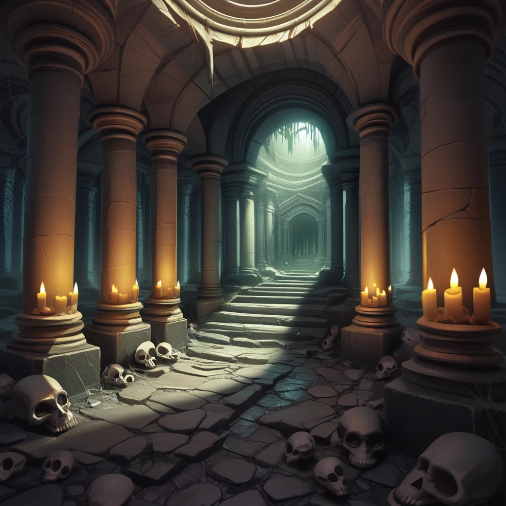 score_9, score_8_up, score_7_up, score_6_up, score_5_up, score_4_up, zPDXL2,source_anime,rating_questionable, <lora:Tomb__Catacomb:0.8> t0.8mb, indoors, pillar, candle, ruins, skull,