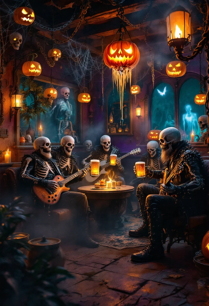 Ultra realism, high quality, high resolution 8K and above, stable and accurate focus, ultra correct anatomy, super detail. In the world of the dead, rockers celebrate Halloween in a spooky rock pub. The pub is lit by flickering candles and pumpkins with carved faces that glow like lanterns. The walls are covered in cobwebs and skulls, and metal chains and skeletons hang from the ceiling. The rockers are dressed in skeleton costumes, with beards and mustaches, and wear leather jackets with metal spikes. They play electric guitars and sing while drinking from large beer mugs. Ghostly figures can be seen in the corners of the pub watching over the celebration. A mist covered the floor, giving the scene an eerie feel.
Colors: Orange, black, purple, navy blue, green.
Objects: Pumpkins, broomsticks, bats, cobwebs, cauldrons, skeletons, grid cells, lanterns, skulls and bones, Gothic style.
Emotions: Horror, fear, excitement.
Atmosphere: Dark, mysterious, exciting, as if we are in the world of the dead.
Styles: Realistic, Gothic, Rock Metal style.
Additional elements: Mist that covers the floor, enhancing the eerie feeling; old, creaky wooden signs with ghostly inscriptions; flickering candle lights in the pumpkins casting dancing shadows; and ghostly figures appearing in the distance watching from the shadows.