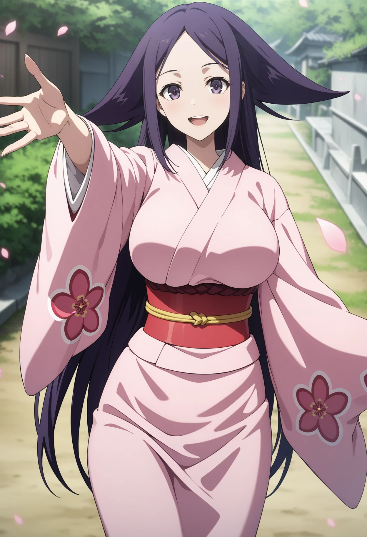 (masterpiece, best quality, very aesthetic, ultra detailed), intricate details, 4k, aaoharu, long hair, purple hair, hair flaps, purple eyes, large breasts, japanese clothes, print kimono, pink kimono, long sleeves, obi, sash, <lora:oharu_animagine_v1:0.9>, standing, cowboy shot, outstretched arm, reaching, outdoors, petals, smile, open mouth,