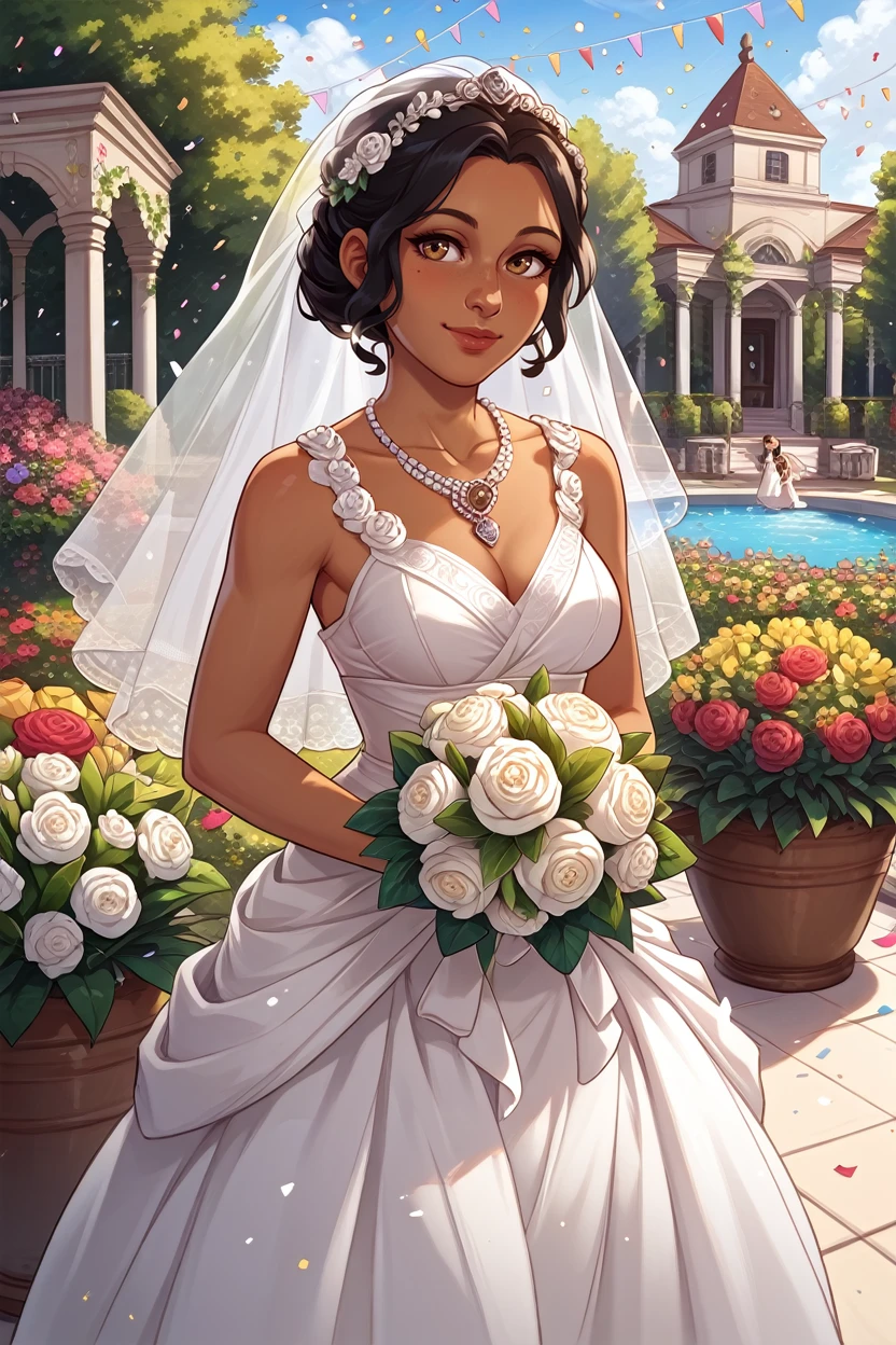 score_9, score_8_up, score_7_up,
<lora:DAJosephine:0.8>
DAJosephine, 1girl, black hair, brown eyes, dark skin, looking at viewer, garden, wedding dress, necklace, smile, bouquet, day, confetti, cowboy shot, standing