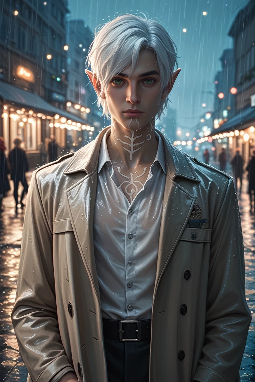 score_9, score_8_up, score_7_up,
<lora:DA2Fenris:0.8>
DA2Fenris, 1boy, white hair, green eyes, white tattoo, pointy ears, looking at viewer, standing in a rain-soaked street at night, wearing a trench coat, water droplets glistening, moody and cinematic, city lights reflecting in puddles