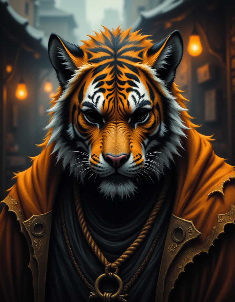 a cinematic portrait of a tiger man with black hollow eyes,dressed as a Berserk Barbarian,we are indside of a market which is built and decorated in the style of Charcoal painting  , soft lighting vibrant colors and Depth of Field Blur , , intricate Todd Lockwood   <lora:Hollow_Eyes_Portrait_Flux_V2:1>