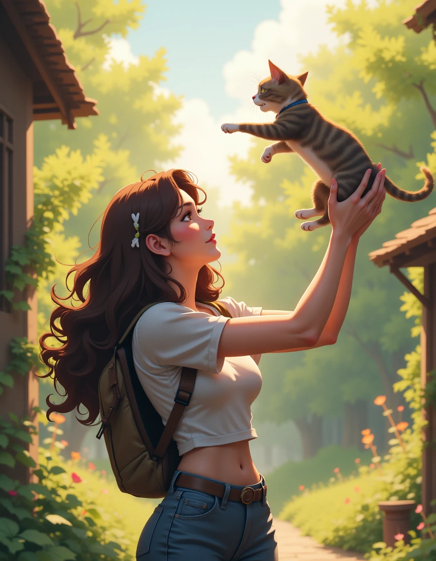 <lora:BStyle:1> bstyl3, (anime style:1.3), .A half -body 128k Blu-ray Extreme UHD 4K high-quality image. The scene captures a beautiful woman with long, curly hair, dressed in casual outdoor clothing. She is raising her hands high, ready to catch a cat leaping down from a height. The womanâs expression is focused and full of affection. The background features a sunlit outdoor setting, possibly a garden or forest, filled with warmth and natural atmosphere. Rendered in stunning 16K resolution using Octane Render CGI technology, the image is filled with intricate details, including lighting effects, the texture of the clothing, and the background elements. This anime fantasy illustration is full of dynamic movement and emotion, with highly detailed features and a captivating atmosphere..Rendered in stunning 4K and UHD resolution with Octane Render CGI technology, this image transforms into a mesmerizing 16K masterpiece, capturing an ethereal, anime fantasy portrait with intricate details. The composition should showcase cinematic lighting with rich, full-color details and ultra-high definition, capturing intricate textures and stunning contrasts. The scene is depicted with exceptional clarity, highlighting the emotional depth and the dynamic between the characters. The illustration should embody a masterpiece quality with an aerial view, HDR, UHD.