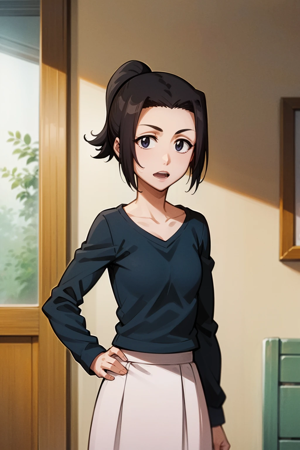 masterpiece, best quality,
1girl, karinkuro, black eyes, black hair, ponytail, short hair,
collarbone, long sleeves, shirt, skirt,
hand on hip, indoors,
open mouth, solo, looking at viewer, solo <lora:KarinKurosaki_byKonan:1>