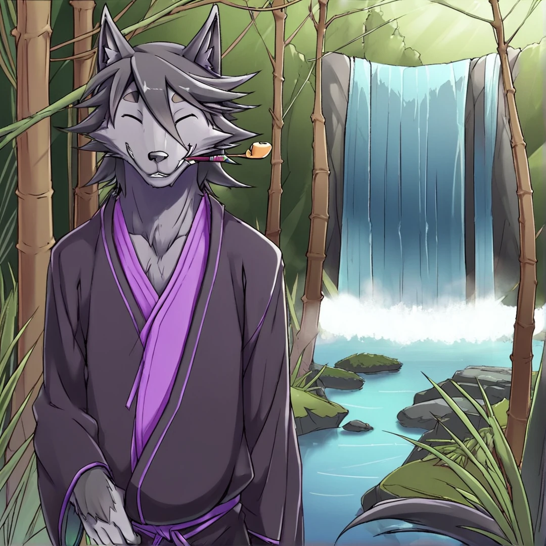 <lora:Halibel:1>, halibel, is a wolf human, with relatively long black fur, clad in a dishevelled black kimono, possessing worn-down purple accents, his golden eyes, are usually narrowed into two slits, he often likes biting on his golden kiseru with his teeth, solo, in a jungle, surrounded with bamboo trees, vines around trees, animals, river, waterfall