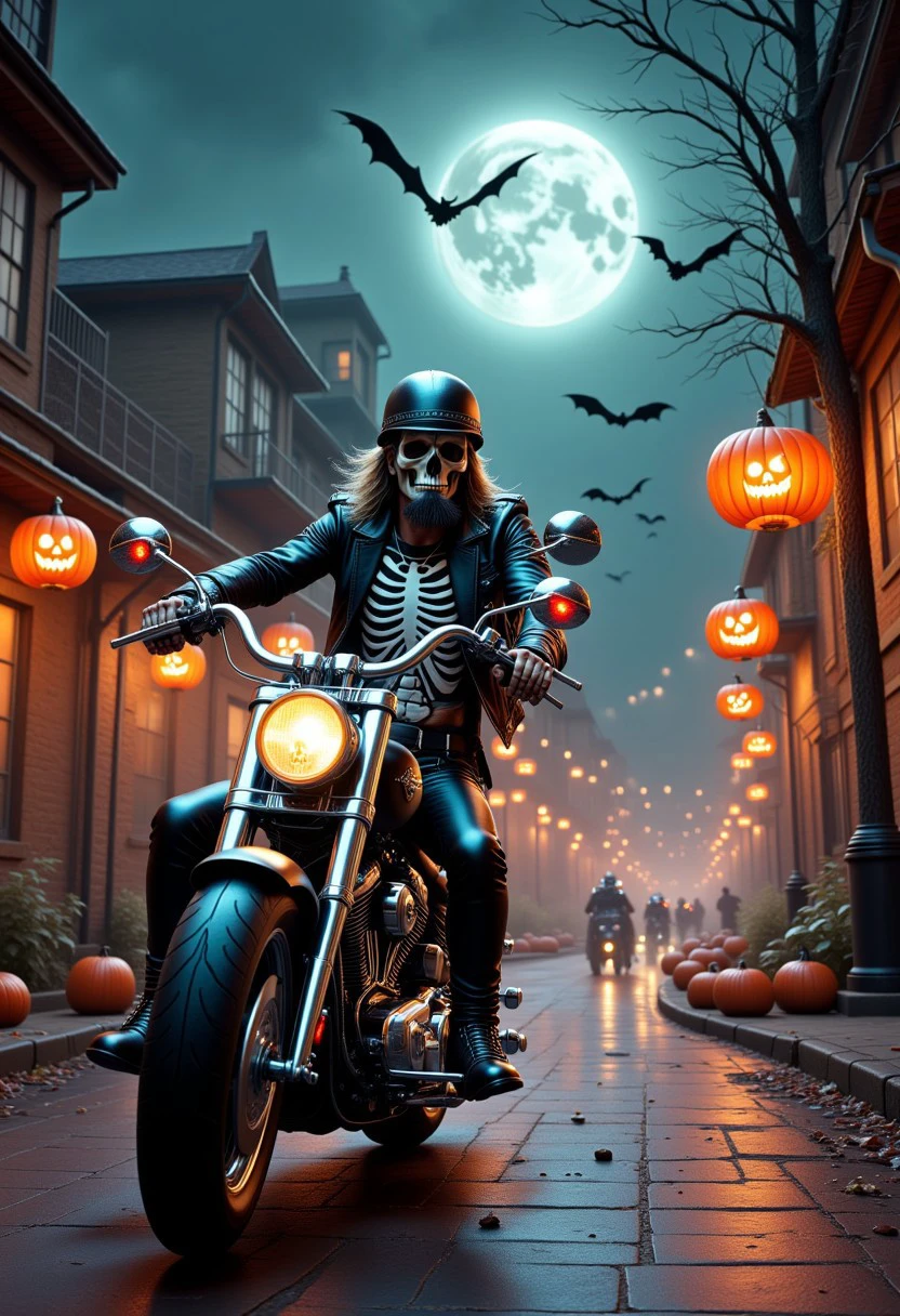 ultra realism, high quality, high resolution 8K and above, stable and accurate focus, ultra correct and accurate anatomy, super detail, many elements and details, on a Halloween themed image in a rock style ghost town. The moon illuminates the eerie street, along the street rockers dressed in skeleton costumes, beards and mustaches, ride motorbikes, the motorbikes look ghastly as if forged from the world of the dead, the mirrors of the motorbikes in the shape of an eerie hand, the front headlight of the motorbike in the shape of a glowing human skull, the brake lights and turn signals in the form of glowing little bats, the harley davidson-style elongated handlebars made of iron chains, devil tails hanging from the handlebars, the bats that accompany the rockers on the street. on the terraces of the residential buildings Pumpkins with carved faces glow like lanterns, skeletons in metal cages hanging in the air hung on the poles and cobwebs cover the old buildings, hanging skeletons from the terraces and on the street light poles creating an atmosphere of horror, mystery and excitement."
Colors: Orange, black, purple, dark blue, green.
Objects: Pumpkins, broomsticks, bats, cobwebs, cauldrons, skeletons, lattice cages, motorbikes, lanterns, graves, coffins, skulls and bones, skull ashtrays, goth glasses,
Emotions: horror, fear, parody
Atmosphere: Dark, mysterious, exciting.
Styles: realistic, gothic, rock