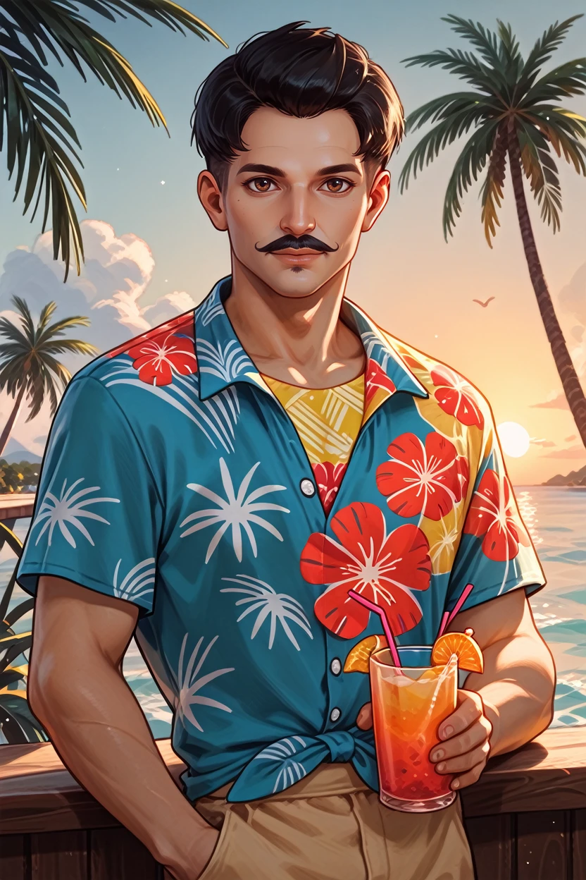 score_9, score_8_up, score_7_up,
<lora:DAIDorian:0.8>
DAIDorian, 1boy, short hair, brown eyes, black hair, mustache, looking at viewer, wearing a Hawaiian shirt, smiling, holding a cocktail, vibrant sunset, palm trees swaying in the breeze, tropical vibes