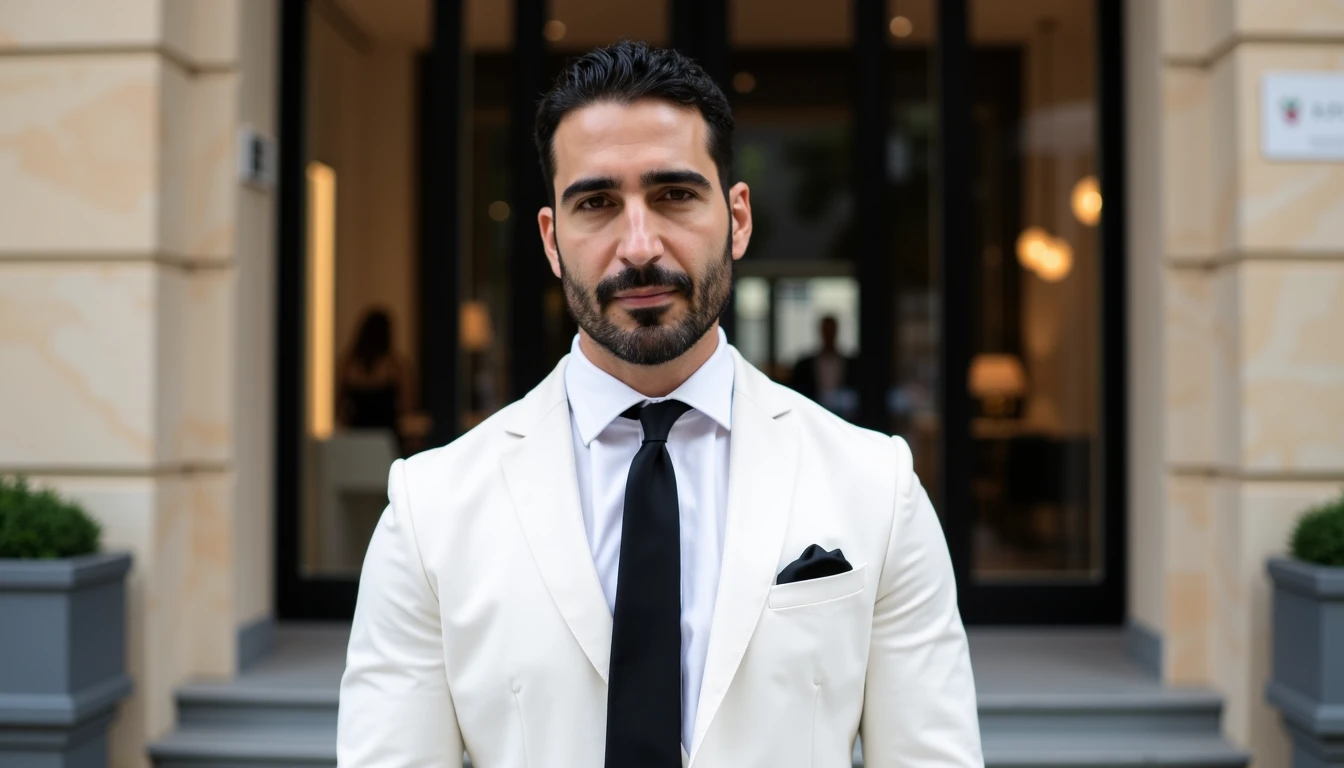 the actor Miguel Angel Silvestre dressed completely in white and black tie in front of the CivitAI headquarters