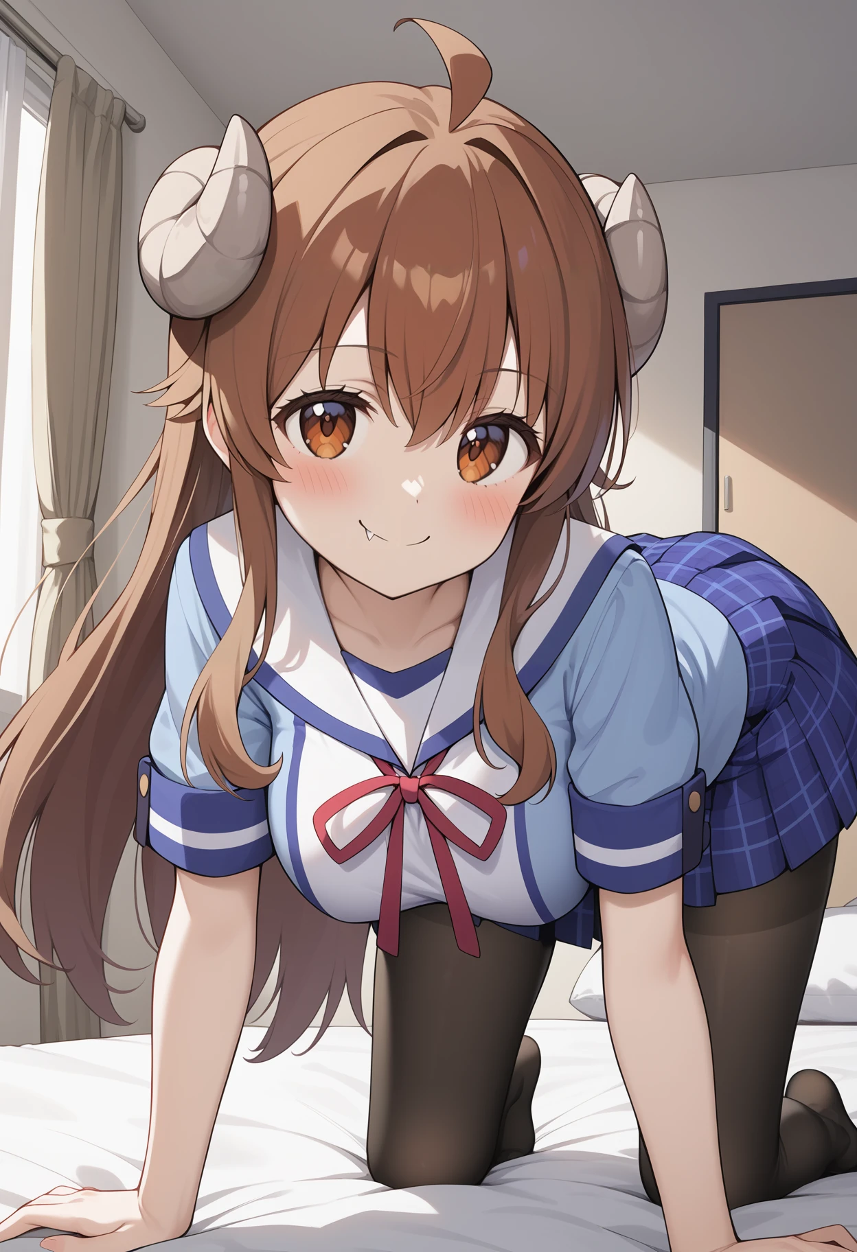 score_9, score_8_up, score_7_up, score_6_up, score_5_up, score_4_up, source_anime, aayuuko, long hair, brown hair, ahoge, horns, brown eyes, fang, large breasts, school uniform, white sailor collar, neck ribbon, blue shirt, short sleeves, plaid skirt, blue skirt, black pantyhose, <lora:yoshida_yuuko_ponyxl_v1:0.9>, on bed, bedroom, all fours, naughty face, smile, blush, from below,