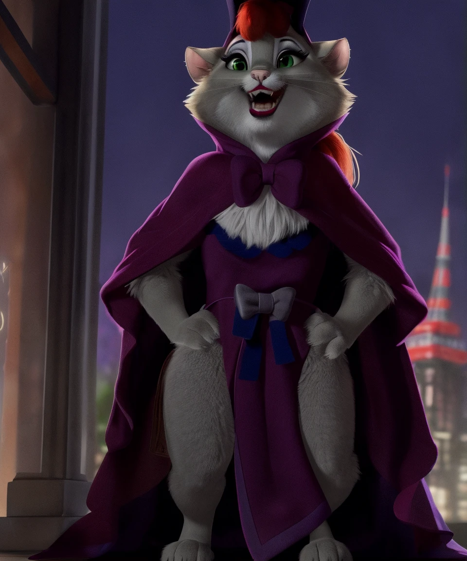 solo, miss kitty, female, green eyes, lipstick, cloak, bonnet, red hair, open smile, hands on hips, tokyo tower, by zypett,  <lora:MissKitty_03-Yiffymix-nd064-ep44:1>