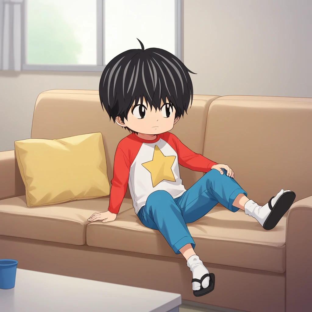 score_7_up, BREAK, Kotaro, 1boy, solo, black hair, black eyes, shirt, raglan sleeves, star shirt, blue pants, white socks, black sandals,  <lora:KotaroLivesAlone_PXL_Leaf4:1>, indoors, depth of field, on couch,