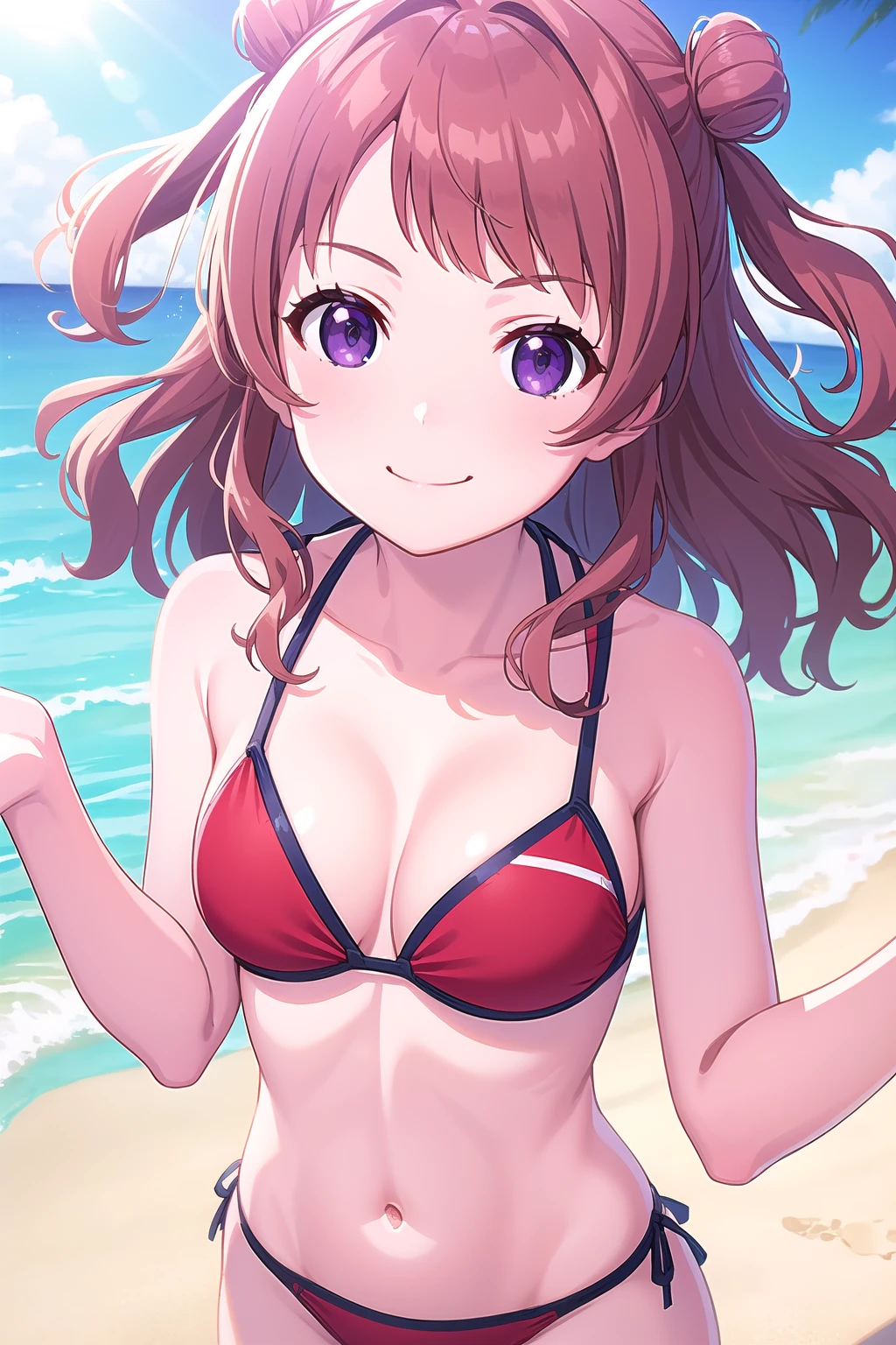 (masterpiece, best quality), highly detailed background, perfect lightingbest quality, hanamisaki, solo, outdoors, beach, red hair, double bun, two side up, bangs, wavy hair, medium hair, purple eyes, medium breasts, purple bikini, swimsuit, smile, closed mouth, :), <lora:Hanami-Saki:0.7>