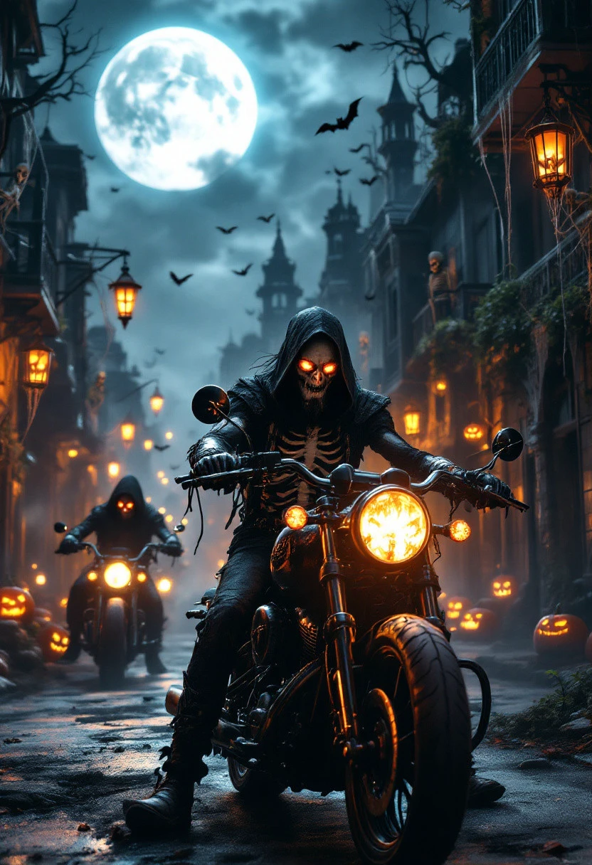 ultra realism, high quality, high definition 8K and higher, stable and accurate focus, ultra correct and accurate anatomy, super detail, many elements and details, on a Halloween themed image in a rock style ghost town. The moon illuminates the eerie street, along the street rockers dressed in skeleton costumes, with beards and mustaches, ride motorbikes, the motorbikes look eerie as if they were forged from the world of the dead, the mirrors of the motorbikes are in the shape of an eerie hand holding the mirror itself, the front headlight of the motorcycle in the shape of a glowing human skull, the elongated Harley Davidson-style handlebars made of iron chains, devil tails hanging from the sides of the handlebars, bats that accompany the rockers on the street. on the terraces of the residential buildings, pumpkins with carved faces glow like lanterns, skeletons in metal cages hanging in the air, hanging on the pillars and cobwebs cover the old buildings, hanging skeletons from the terraces and on the street lamp posts create an atmosphere of horror, mystery and excitement, it's like we've entered the world of the dead"
Colors: Orange, black, purple, dark blue, green.
Objects: Pumpkins, Broomsticks, Bats, Cobwebs, Cauldrons, Skeletons, Lattice Cages, Motorcycles, Lanterns, Graves, Coffins, Skulls and Bones, Gothic Style,
Emotions: horror, fear,
Atmosphere: Dark, mysterious, exciting. as if we are in the world of the dead
Styles: realistic, gothic, rock metal style