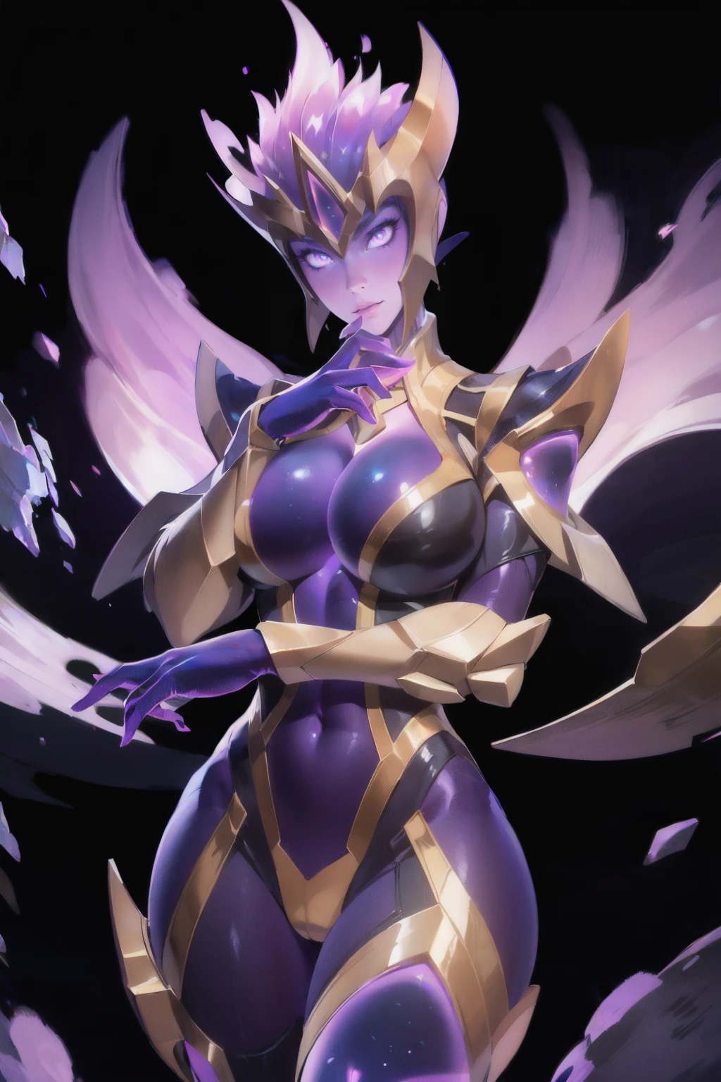 <lora:Amily_Cosmos_Astral_Walker_AoV_Model_LoRA:0.8>, Amily_CAW, 1girl, solo, purple hair, looking at viewer, purple eyes, glowing eyes, closed mouth, breasts, large breasts, armor, bodysuit, glowing, colored skin, purple skin, gloves, ((large hips, ass, big ass)), high heels, boots
, galaxy, galaxy background, star, star background, best quality, ultra high res, (photorealistic:1.4), masterpiece, real life skin, hyper real