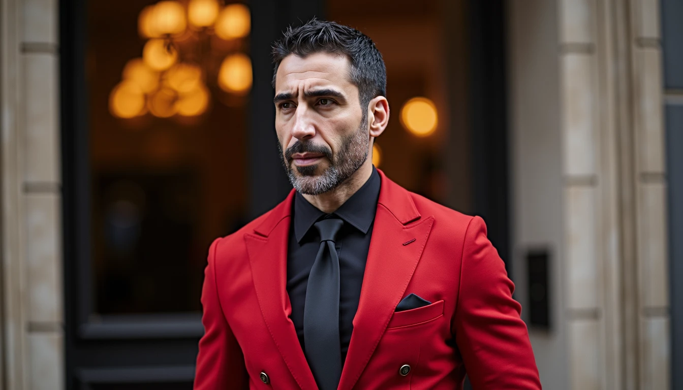 the actor Miguel Angel Silvestre dressed completely in red and black tie in front of the CivitAI headquarters