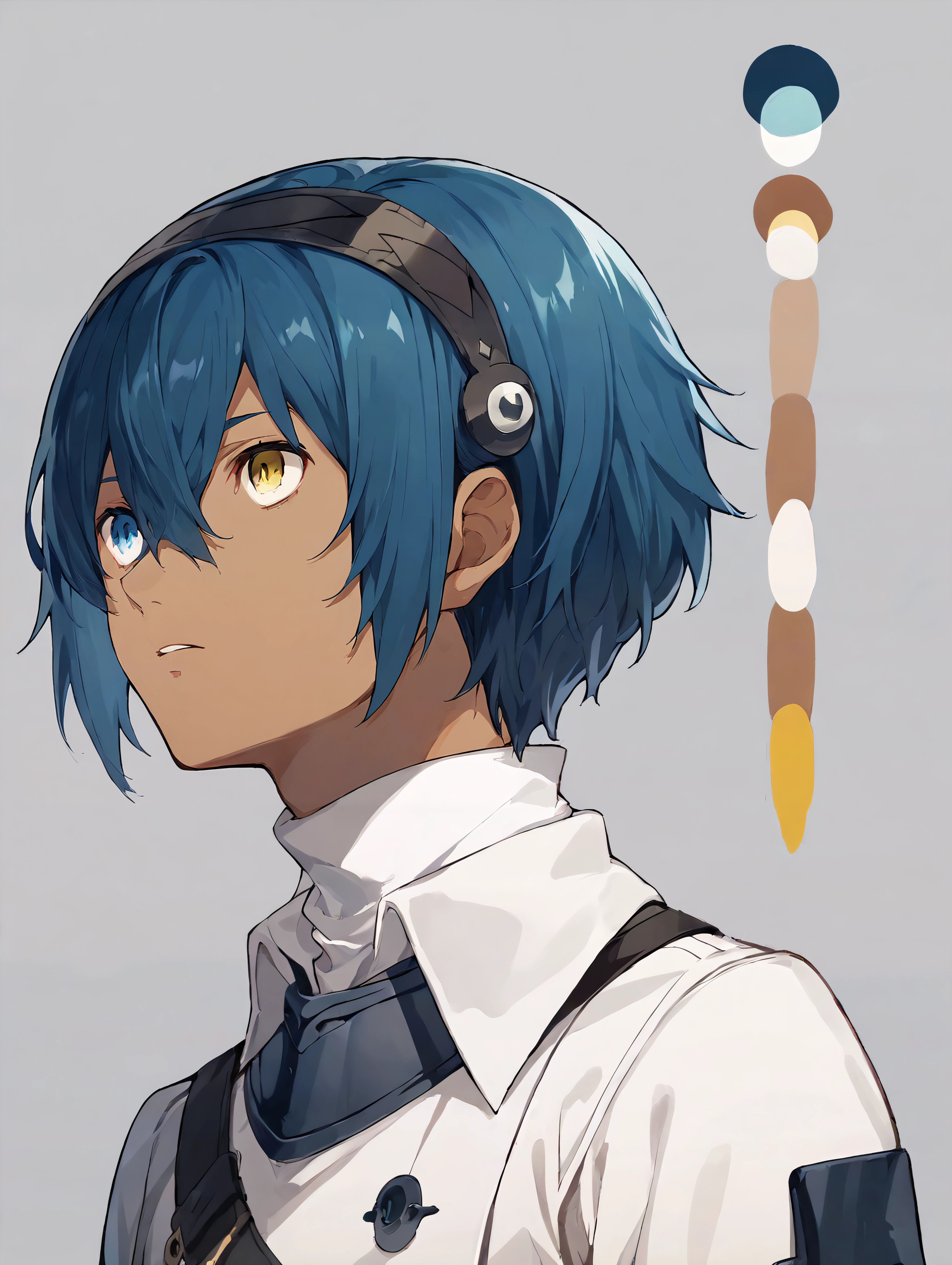 score_9, score_8_up, score_7_up, willmetaphor, 1boy, tan, heterochromia, yellow eyes, blue eyes, blue hair, bob cut, hair between eyes, sidelocks, short hair, black hairband, white shirt, <lora:Will_Metaphor_ReFantazio_PDXL:1.0>, concept art, reference sheet, multiple views, simple background