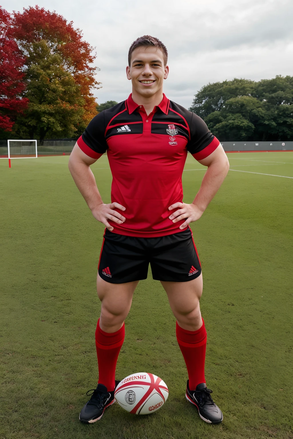 (grass rugby field), standing, smiling, DickCasey, wearing red and black rugby uniform, red jersey with black trim, black shorts, red socks, black sneakers, arms folded, rugby ball, (((full body portrait))), wide angle   <lora:DickCasey:0.8>