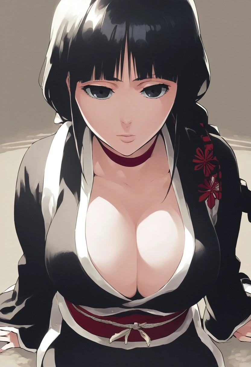 tite_kubo_style, 1girl, score_9, score_8_up, score_7_up, Nemu Kurotsuchi, solo, black hair, black eyes, bangs, single long braid, braid, seductive pose, front view, large breasts, cleavage , crossed legs, breasts, hood, long hair, black eyes, sitting, jewelry, full body, waist, navel, upper angle, top angle, POV
black kimono, sash, long sleeves, red choker