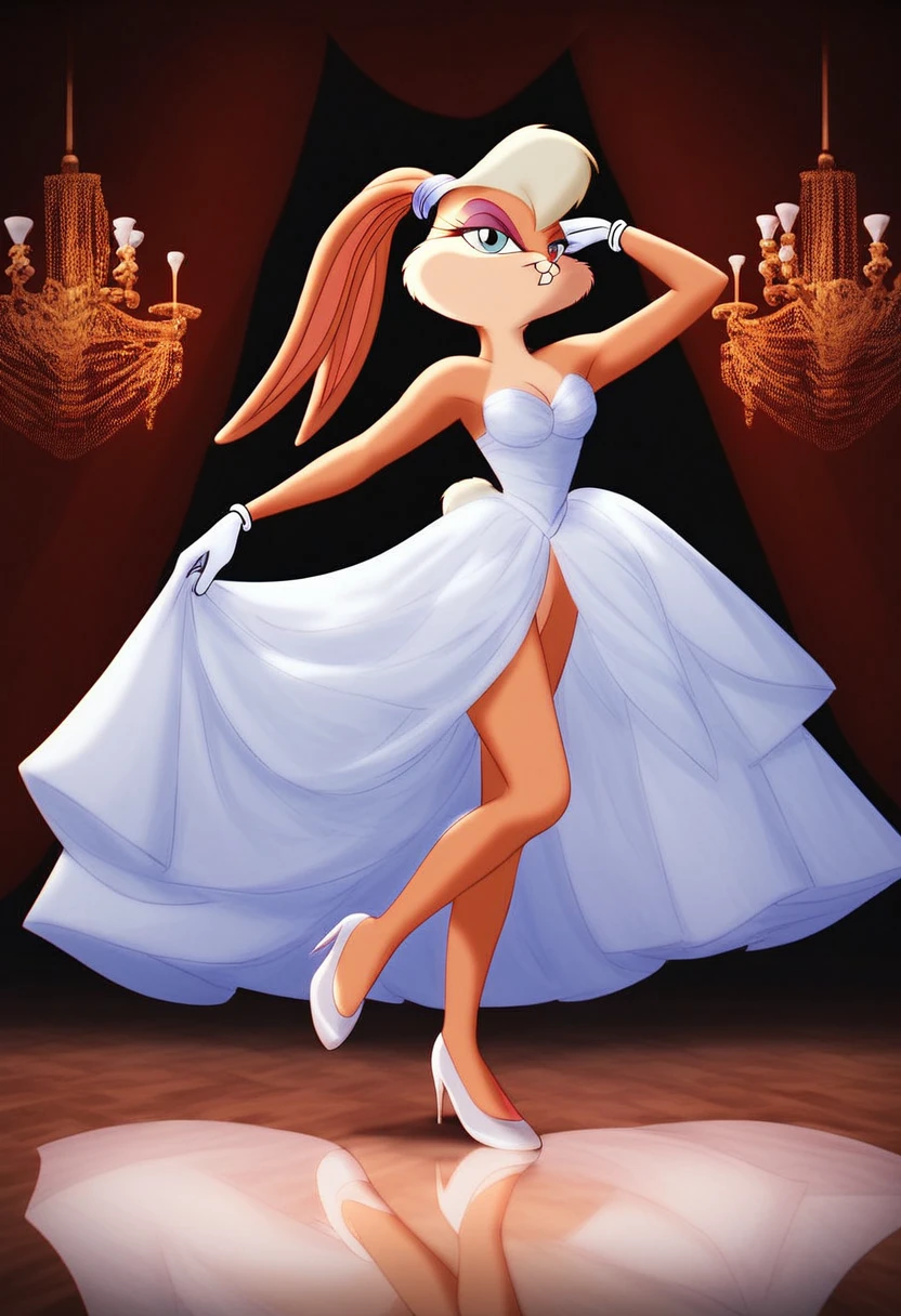 score_9, score_8_up, score_7_up, lola bunny, elegant ballroom, long flowing gown, dancing under a grand chandelier, romantic ambiance, classic Victorian-era design, gold and red color palette, graceful movement, regal atmosphere, polished floor reflection