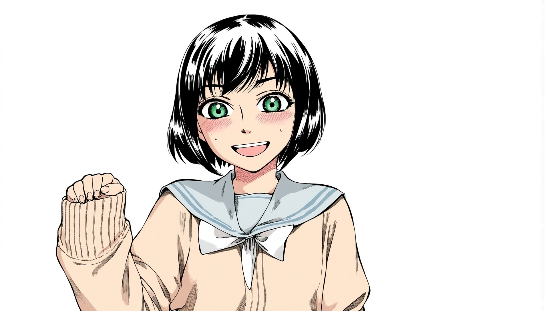 manga , In a delightful illustration, a girl stands out with her charming and playful demeanor. She wears a cozy beige sweater that complements her figure, featuring sleeves that extend past her wrists, adding a relaxed and casual vibe to her outfit. The blue sailor collar adds a touch of nautical flair, contrasting beautifully with the warm tones of her sweater. A white neckerchief is tied neatly around her neck, enhancing the overall aesthetic and giving her a polished look.
Her green eyes sparkle with mischief and joy, drawing the viewer in as she looks directly at them with a bright smile. The expression on her face is infectious, showcasing her playful personality. With her mouth open in a cheerful grin, a small fang peeks out, adding a hint of whimsy to her character. This unique detail gives her an endearing quality, making her appear both cute and slightly mischievous.
The girl's bangs frame her face perfectly, while sidelocks add softness to her features. Her thick eyebrows further emphasize her expressive eyes, contributing to the overall warmth of her expression. The combination of her features creates a captivating image that resonates with a sense of youthfulness and charm.
Set against a clean white background, the focus remains entirely on her, allowing her vibrant personality to shine through. The simplicity of the backdrop enhances the visual impact, making her the center of attention. 
Overall, this illustration beautifully captures the essence of a cheerful and confident girl, blending elements of style and personality. Her playful expression, combined with her stylish outfit, creates a memorable image that invites viewers to share in her joy and enthusiasm., , manga