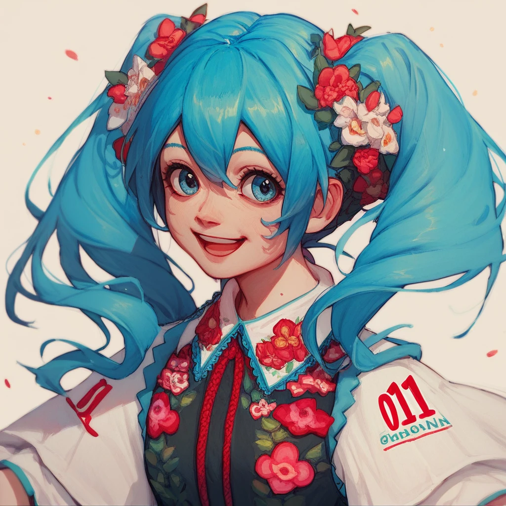 score_9, score_8_up, score_7_up, <lora:PolishDress:1> 1 girl, blue hair, twin tails, hatsune miku, smile, happy, tradpolishdress, traditional clothes, floral print, skirt,