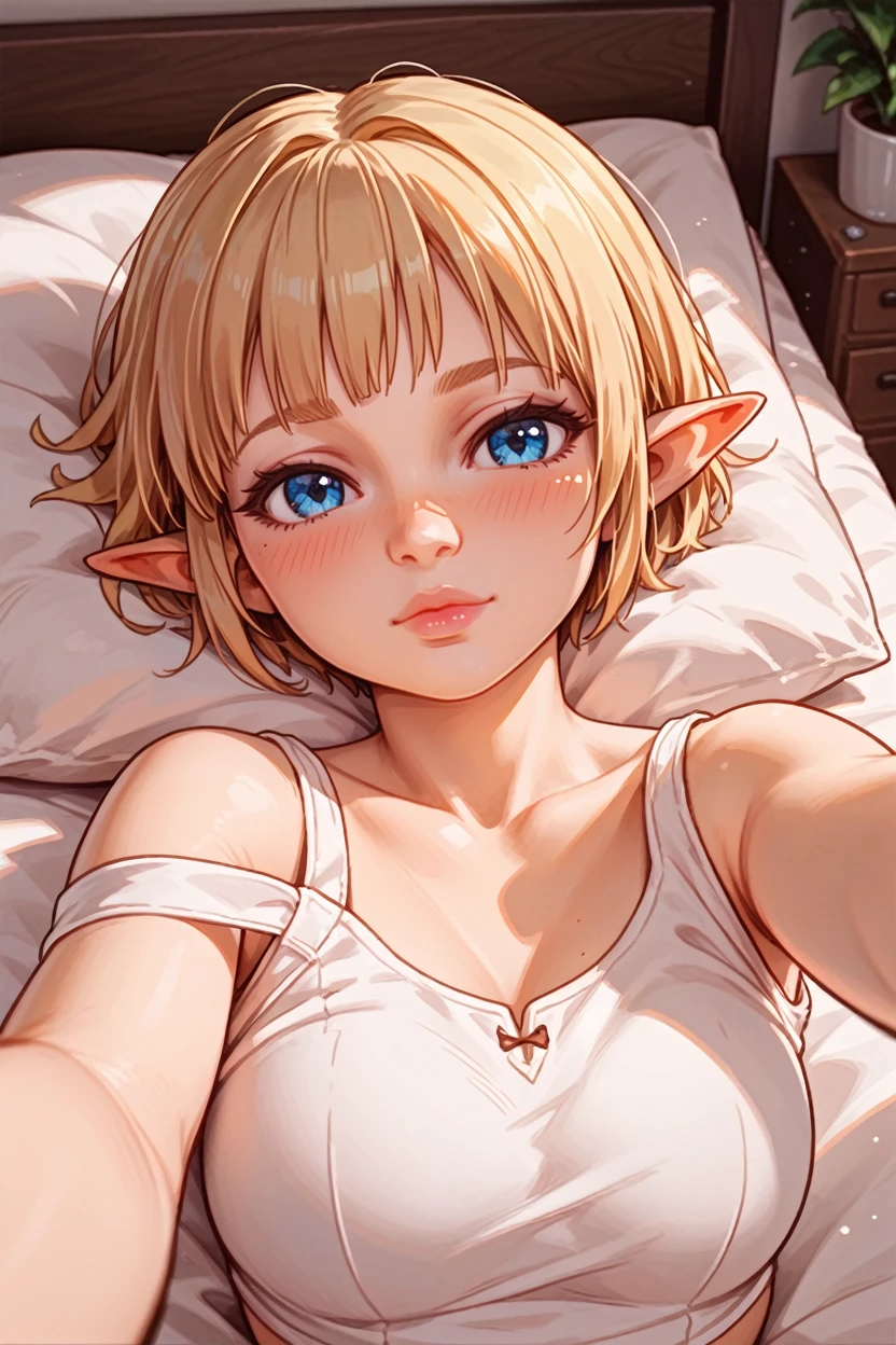 score_9, score_8_up, score_7_up,
<lora:DAISera:0.8>
DAISera, 1girl, short hair, blonde hair, blue eyes, pointy ears, looking at viewer, lying on bed, selfie, blushing