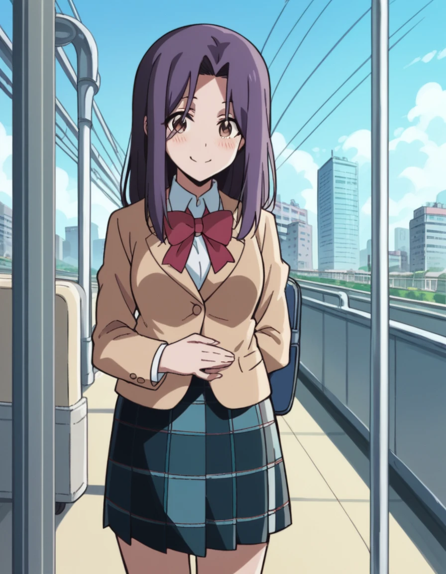 score_9, score_8_up, score_7_up, source_anime, <lora:erena-fujisawa-s1-ponyxl-lora-nochekaiser:1>, erena fujisawa, long hair, black hair, brown eyes, purple hair, parted bangs, sidelocks, medium breasts,, skirt, school uniform, jacket, pleated skirt, bowtie, red bow, plaid, plaid skirt, blazer,, train station, waiting for train, suitcase, traveling, commute, city skyline, hands behind back,, smile, , hand on stomach, blush,, solo,, dutch angle, cowboy shot