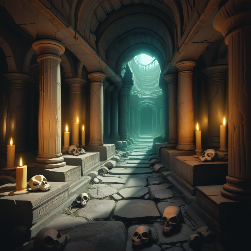 score_9, score_8_up, score_7_up, score_6_up, score_5_up, score_4_up, zPDXL2,source_anime,rating_questionable, <lora:Tomb__Catacomb:0.8> t0mb, indoors, pillar, candle, ruins, skull,