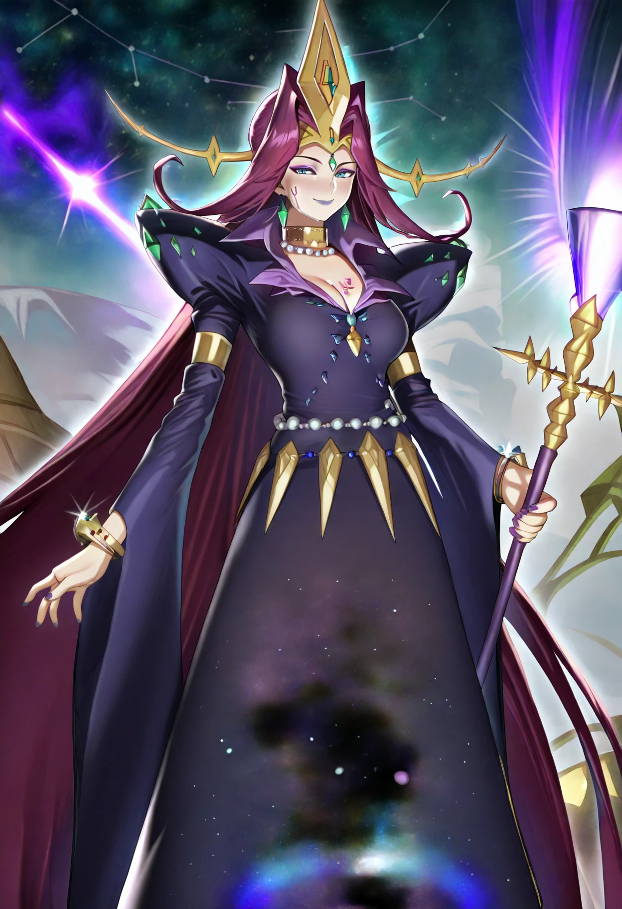 best quality, amazing quality, very aesthetic, solo, 1girl, <lora:Galaxy Queen (Yu-Gi-Oh!):1>, galaxy queen, duel monster, purple hair, absurdly long hair, very long hair, long hair, blue eyes, gold crown, green gem, gold choker, pearl necklace, green earrings, very long dress, purple dress, long sleeves, wide sleeves, gold bracelet, absurdly long hair, gold armbands, cleavage, makeup, purple lipstick, nail polish, purple nails, facial mark, tattoo, breast tattoo, staff, holding staff, floating, floating hair, looking at viewer, smile, space, star \(sky\), constellation, outdoors, <lora:ChamIllustriousBackgroundEnhancer:1>, <lora:Simulacrum-v12-LUXL-LOHA-lr0005-v3:1>