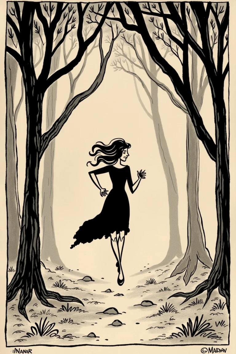 A woman running through a forest, ink on paper