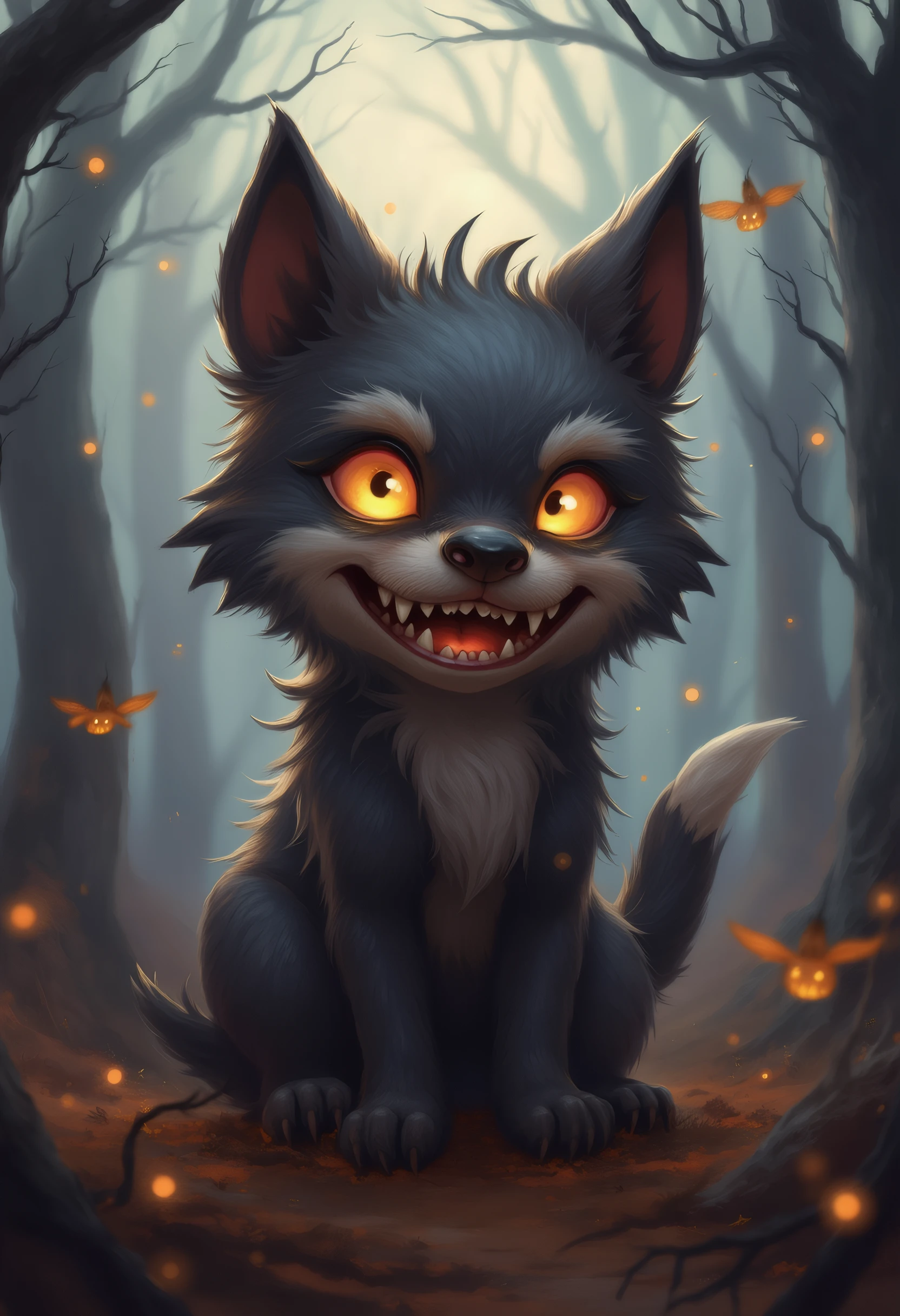 halloweenlandscape, A small and cute werewolf pup with sharp teeth and an uncanny smile, cute, evil, creepy, halloween