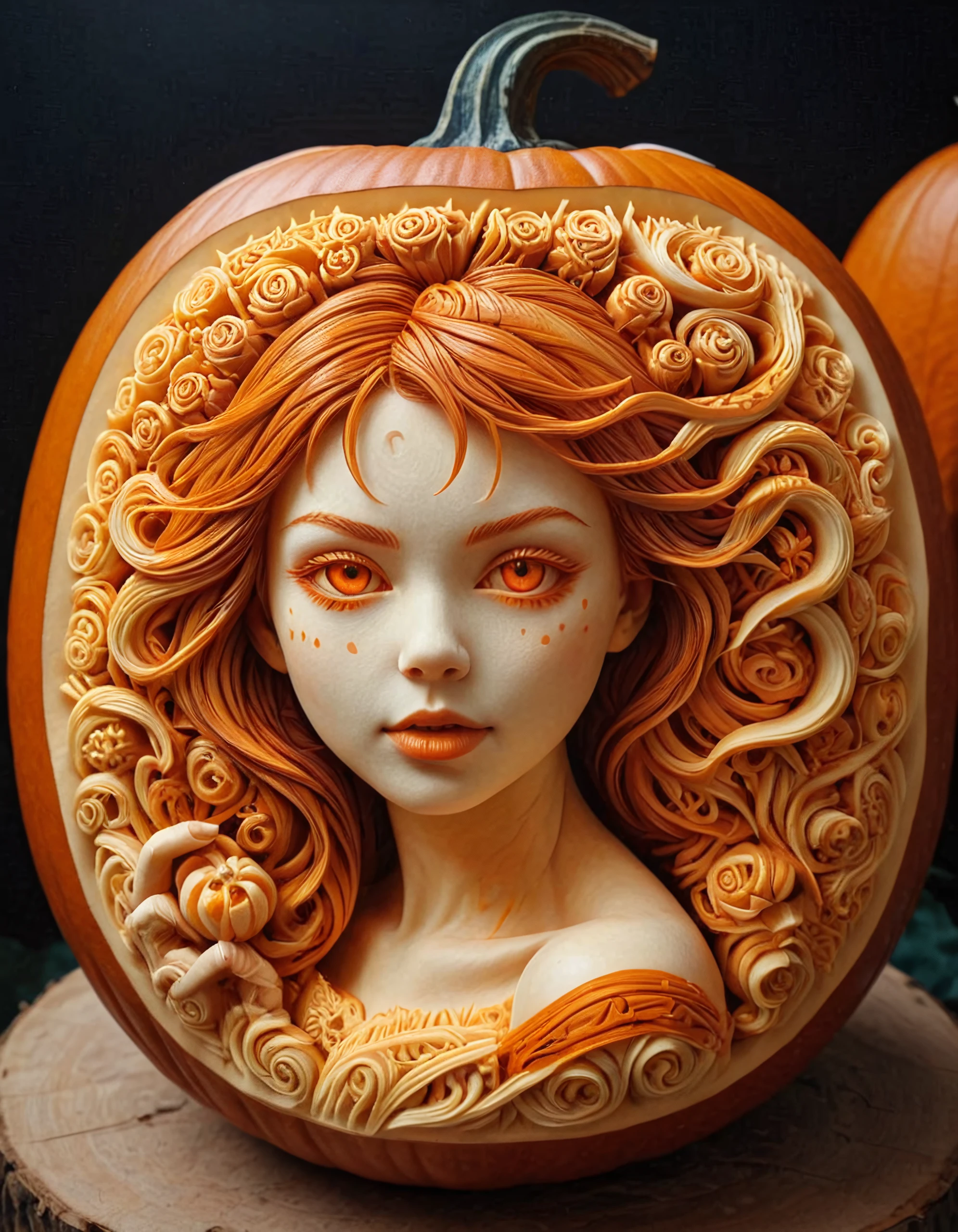 pumpkarv, carved pumpkin art of a beautiful girl