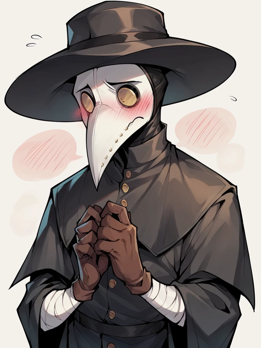 score_9, score_8_up, score_7_up, score_6_up, score_5_up,   <lora:PlagueDoctorXLP:1> plague doctor, mask, hat, solo, gloves, 1boy, shy, blush