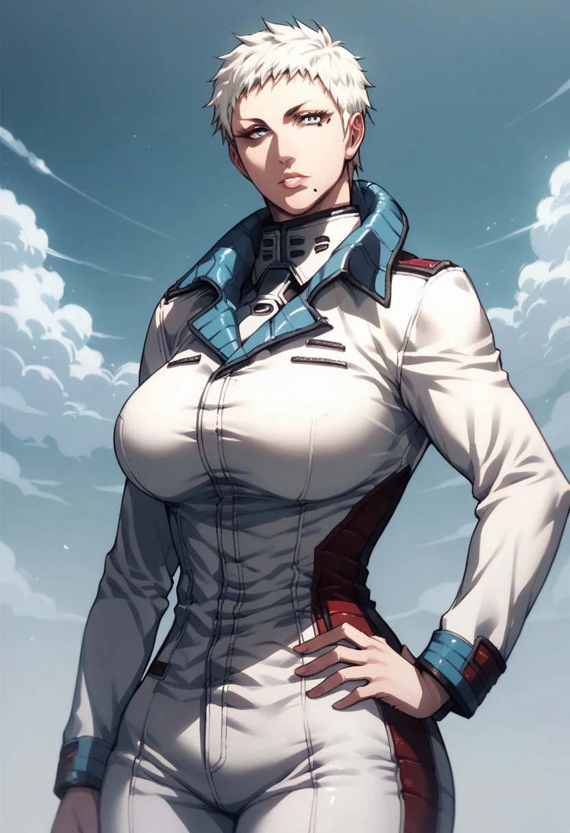 Score_9, score_8_up, score_7_up, score_6_up, score_5_up, score_4_up, 1girl, solo, ElenaP, Human Female, Short Hair, White Hair, Blue Eyes, Mole, Mole Under Mouth, White Uniform, Military Uniform, White Pants, hand on hip, blue sky, clouds, looking at viewer, large breasts, curvy