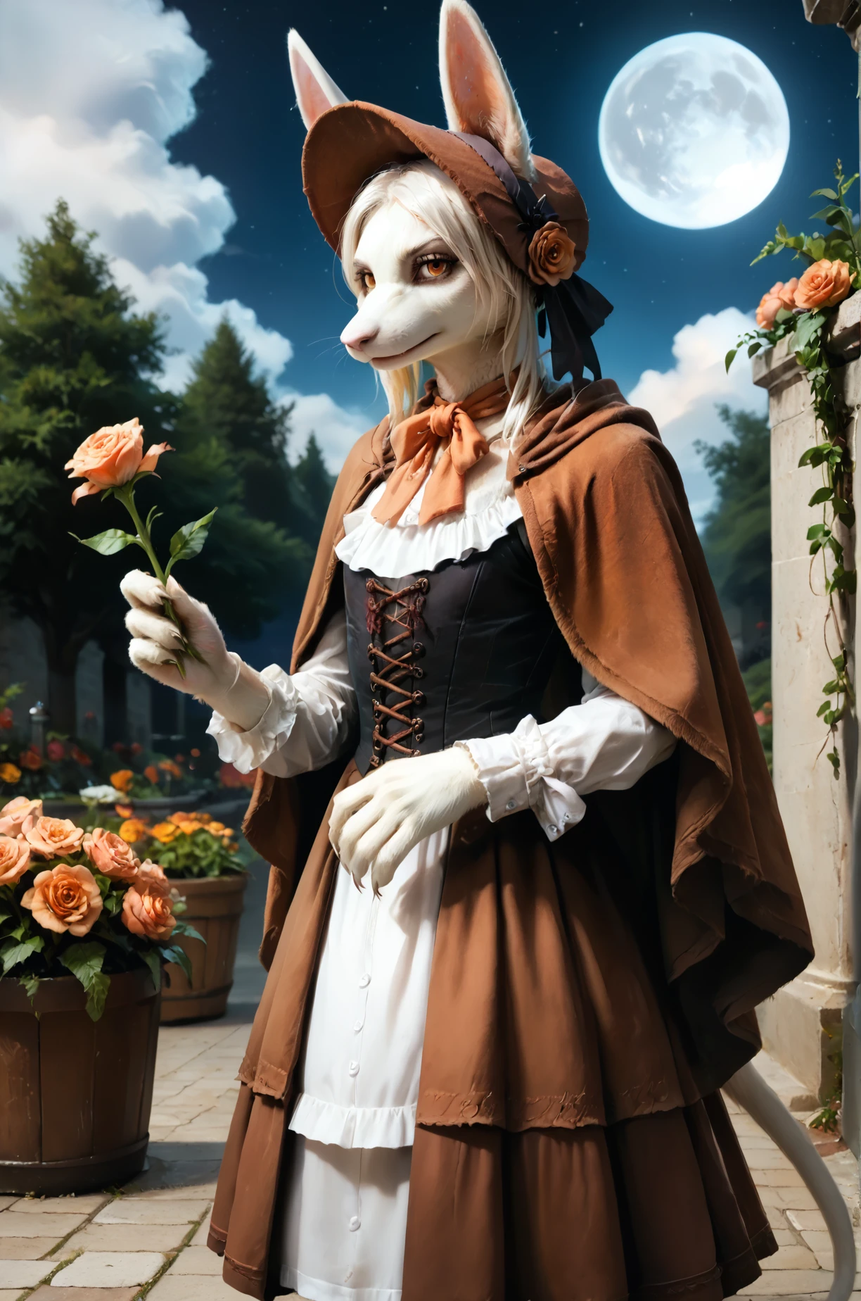 score_9, score_8_up, score_7_up, BREAK,
solo, 1girl, freyac, female, white fur, orange eyes, white hair, tail, brown bonnet, brown cloak, brown skirt, bodice, orange neckerchief, orange gloves, bloodborne, orange roses, holding flower, flower garden, victorian, gothic, looking at viewer, white ears, light smile,
BREAK, cowboy shot, flat chest, standing, bored, eyes half closed, relaxed, long skirt, three-quarter_view, night, moon, detailed background, clouds,
zPDXL, <lora:Freya10S 97:1>,