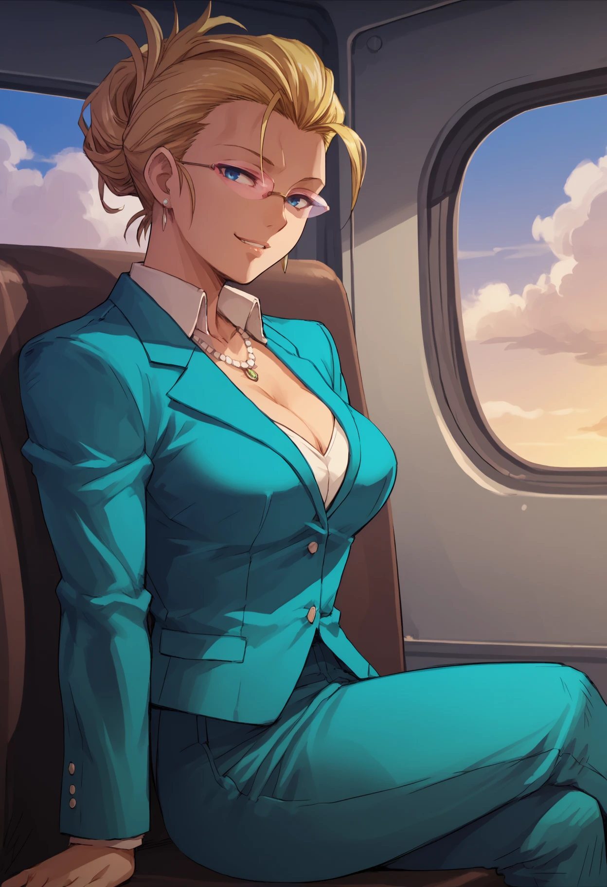 score_9, score_8_up, score_7_up, 1girl, edabl, blue eyes, blonde hair, , updo, short hair, hair slicked back, 
edaaic, semi-rimless eyewear, dangle earrings, formal, necklace, cleavage, collared shirt, aqua blazer, aqua pants,
looking at viewer, light smile, sitting, 
indoors, airplane interior, seat, window, clouds, sky, side view,
anime screencap, anime coloring, 2000s \(style\), 
<lora:Eda-Edith-Blackwater-Black-Lagoon-PDXL_V1-Manityro-CAME:1.0>,