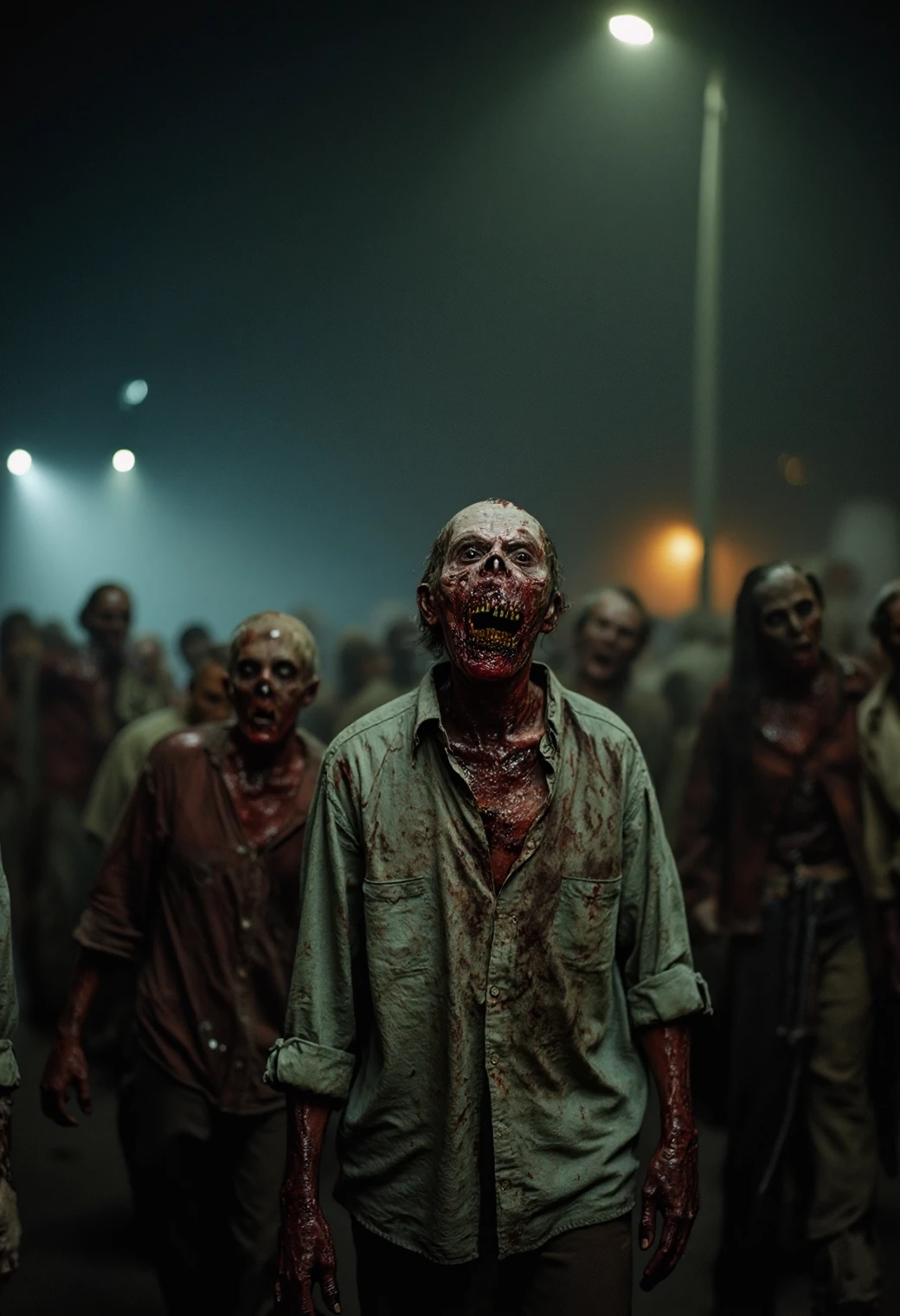 Amateur photo of a horde of zombies, rotting flesh, gore, pealing flesh, macabre, missing anatomy, roaming the streets, risen from the dead, night time, chiaroscuro, foggy, creepy, perfect ambient lighting, amazing composition, high resolution photo, grainy footage, analog film, 35mm 