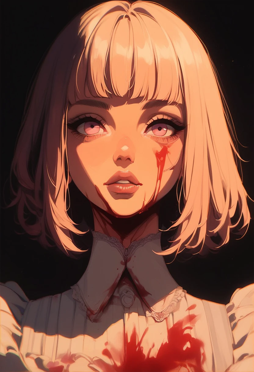 score_9, score_8_up, score_7_up, score_6_up, glshs, 1girl, solo, blood, looking at viewer, blood on face, portrait, bangs, parted lips, black background, pink eyes, lips, partially illuminated