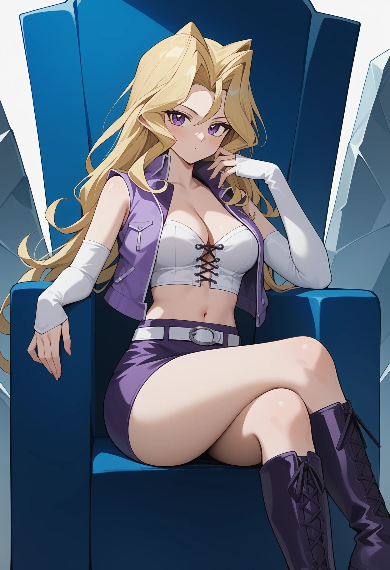 score_9, score_8_up, score_7_up, score_6_up, score_5_up, score_4_up, source_anime, aamai, long hair, blonde hair, purple eyes, breasts, cleavage, crop top, white shirt, cross-laced clothes. cropped jacket, purple jacket, open jacket, sleeveless, detached sleeves, white sleeves, midriff, white belt, miniskirt, purple skirt, thighs,<lora:kujaku_mai_ponyxl_v1:0.9>, sitting, throne, boots, purple footwear, crossed legs,