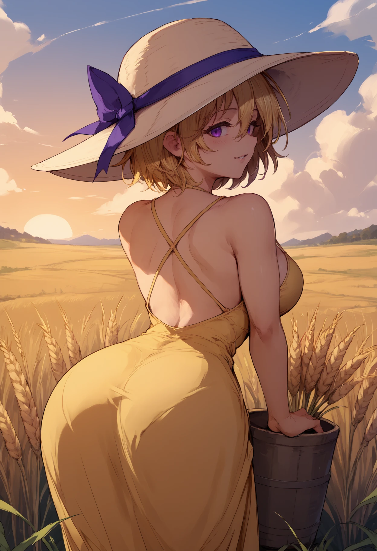 score_9, score_8_up, score_7_up, 1girl, clgret, purple eyes, short hair, hair between eyes, blonde hair, large breasts,
yellow sundress, sunhat,
looking at viewer, smile, blush, parted lips, looking back, bent over,
outdoors, wheat field, sunset, rear view,
<lora:Cless-Gretchen-Lilitales-PDXL_V1-Manityro-CAME:1.0>,