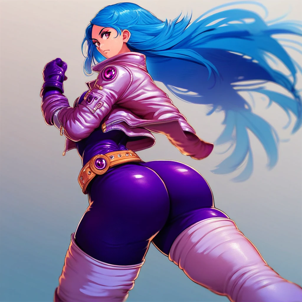 Score_9, score_8_up, score_7_up, c1rcl3-m4x, 1girl, solo, ass, long hair, blue hair, looking back, gloves, chaps, bodysuit, breasts, red eyes, from behind, belt, huge ass, thighhighs, cropped jacket, purple eyes