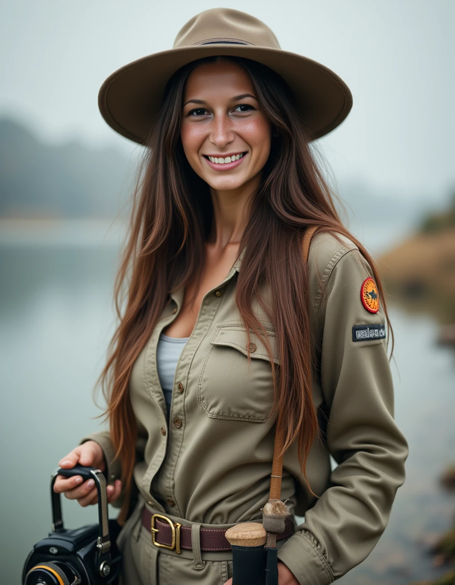 extrem close up portrait photo of a beautiful woman, she has sleek long hair, her skin has a high detailed texture and shows details like moles, small hairs and pores and she is dressed in a peaceful lakeside fishing look with durable cargo pants, a breathable long-sleeve shirt, and a wide-brimmed hat, complete with a tackle box and fishing rod in hand. Her expression is  happy. With a cold colors lighting. <lora:shantellora-000012:1.1>