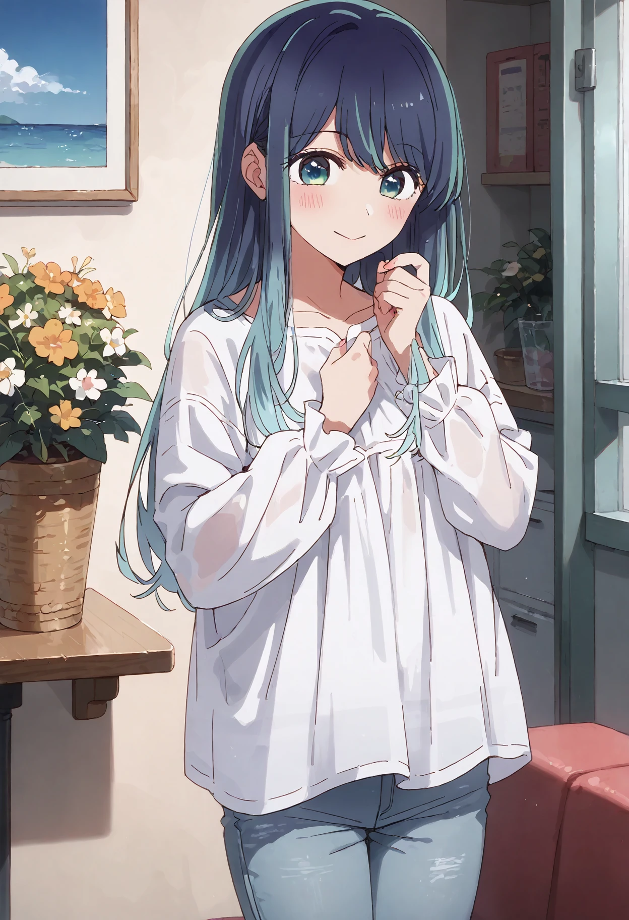 score_9, score_8_up, score_7_up, , score_ANIME,kurokawaakane, 1girl, solo, long hair,  smile,  blue hair, blush, long sleeves, smock, hand on own chest, bangs, standing, collarbone, closed mouth, blue jeans, hand up, gradient hair, aqua eyes,  <lora:kurokawaakane_pony2:1>   cowboy shot,smile