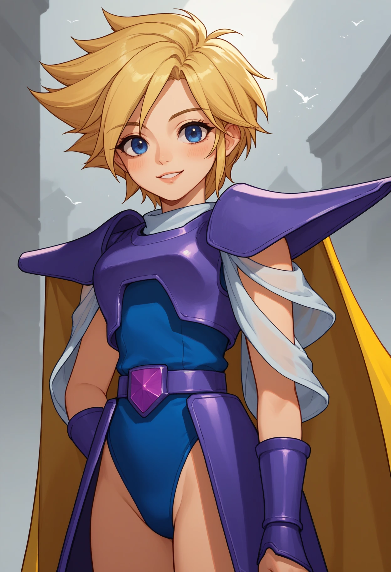 score_9, score_8_up, score_7_up, source_anime BREAK 1girl, solo, <lora:faye-ffmq-richy-v1_pdxl:1> faye, blue eyes, blonde hair, short hair, purple armor, shoulder armor, blue leotard, belt, yellow cape, vambraces, looking at viewer, smile, blush, parted lips