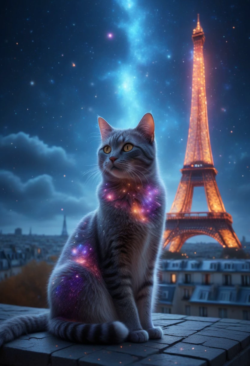 glowing galaxy cracks, a beautiful cat is sitting on a rooftop in front of the eiffel tower in paris, stunning image, realistic, halloween style