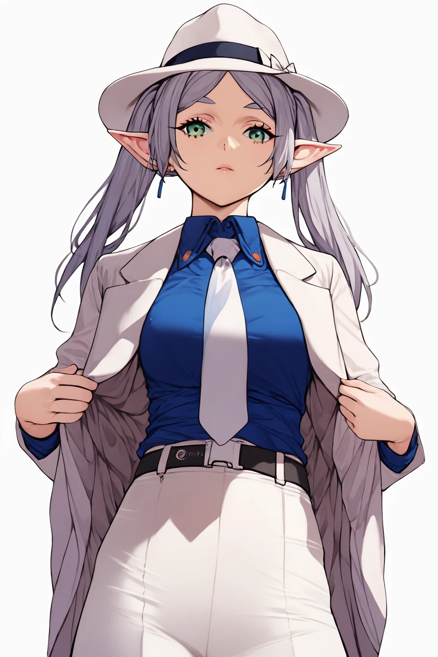 score_9, score_8_up, score_7_up, score_6_up, score_5_up, score_4_up, <lora:frieren-ponyxl-lora-nochekaiser:0.8> ,frieren, long hair, twintails, green eyes, grey hair, pointy ears, elf, 1girl,  <lora:smooth_criminal_outfit-000010:0.8>, white fedora hat, black hatband, white jacket, blue shirt, white necktie, white pants, blue armband, white suspender, masterpiece, highres, white background, simple background