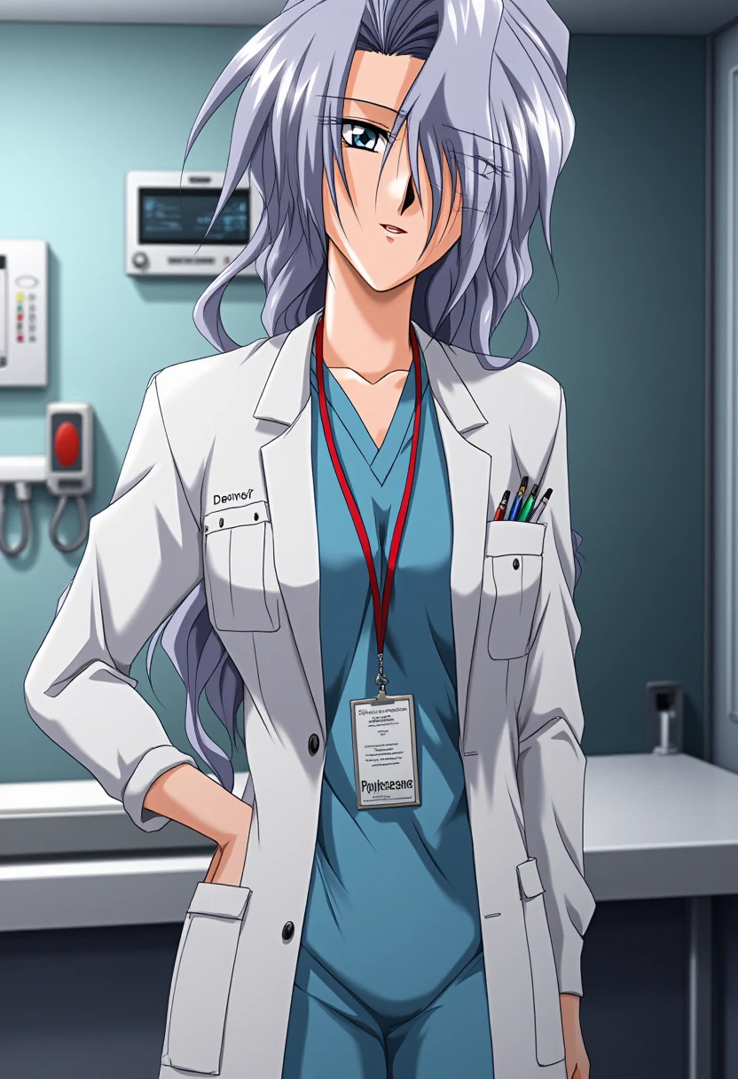 A detailed solo portrait of Midou Emiko. She has grey hair.
Anime style, sharp, high contrast and highly detailed., 
<lora:innai_kansen_midou_emiko_flux_v2_2-000025:0.8>,
She is in a white lab coat, wearing a light blue scrub underneath. She has a calm and professional expression. A red lanyard hangs around her neck, indicating her role as part of the "Medical Staff," and she has a few pens and an ID badge in the chest pocket of her coat. The background suggests she is in a clinical or hospital setting, with medical equipment visible behind her. The overall impression is of a focused and competent medical professional. She is smiling gently.