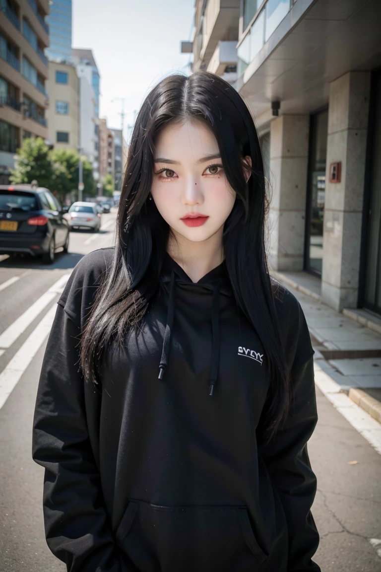 upper body photo of staycisa in black hoodie, long hair, makeup, streets, day, hard shadows, (photorealistic:2.0), <lora:staycisa-v3:1>