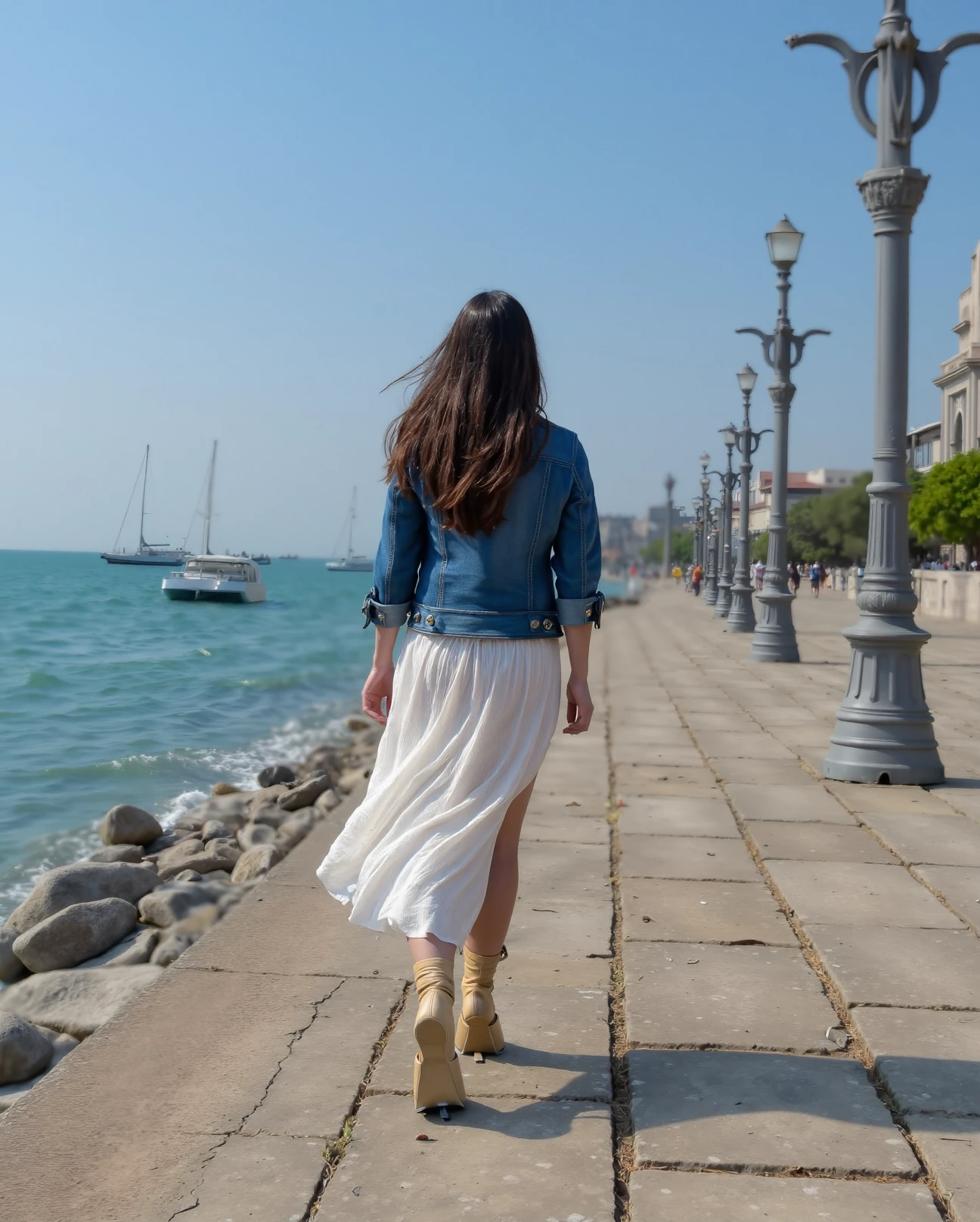 realistic HDR photograph of one subject,
A brunette woman with dark skin in light tan pony boots walking along a beachfront promenade, dressed in a breezy, white sundress and a denim jacket, gazing out at the ocean
High dynamic range, vivid, rich details, clear shadows and highlights, realistic, intense, enhanced contrast, highly detailed, full body shot
 <lora:Pony_boots_v3_concept_FLUX:1>