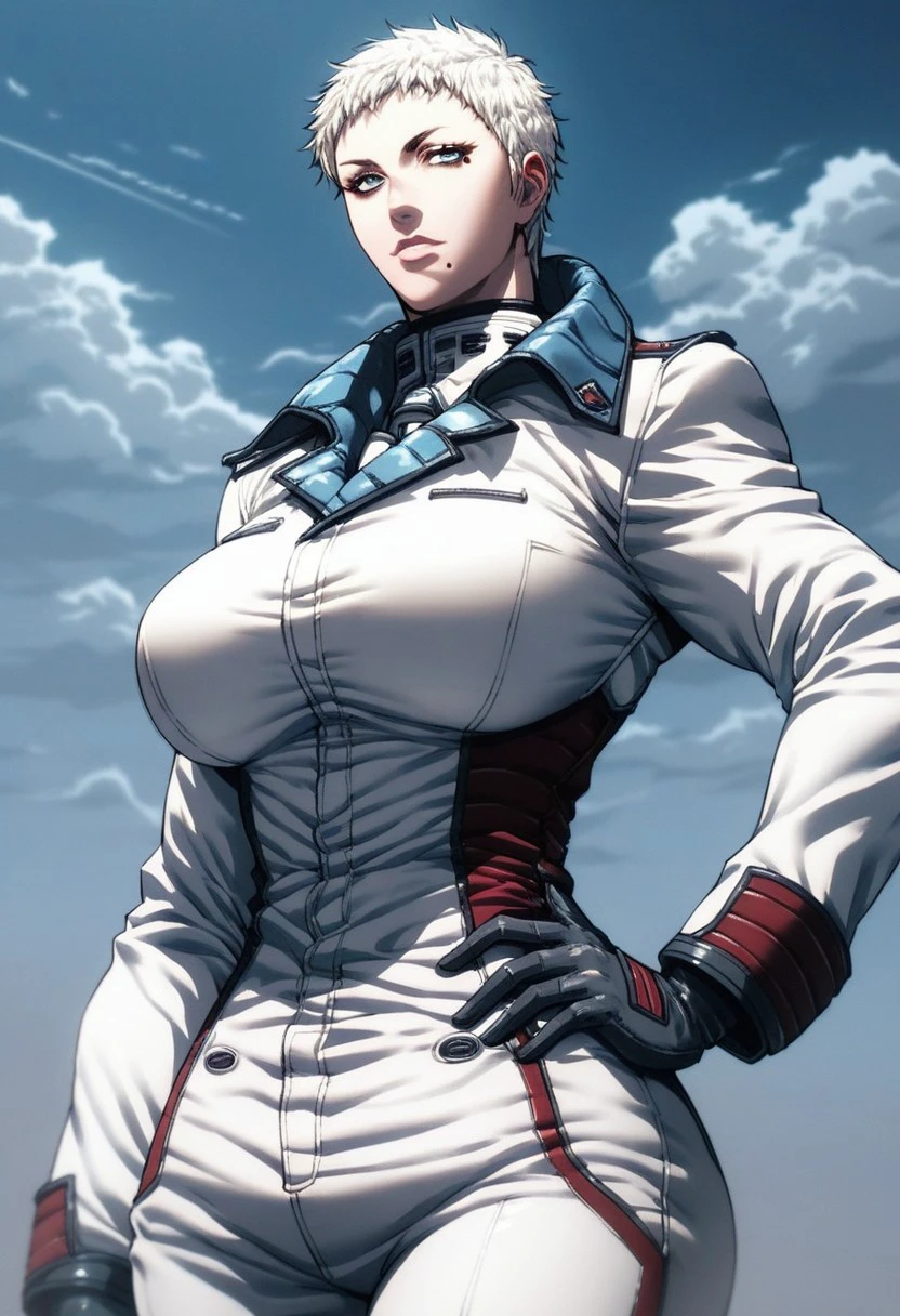 Score_9, score_8_up, score_7_up, score_6_up, score_5_up, score_4_up, 1girl, solo, ElenaP, Human Female, Short Hair, White Hair, Blue Eyes, Mole, Mole Under Mouth, White Uniform, Military Uniform, White Pants, hand on hip, blue sky, clouds, looking at viewer, large breasts, curvy